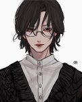 1boy bishounen black_cardigan black_eyes black_hair buttons cardigan closed_mouth glasses hair_over_one_eye highres kagoya1219 long_bangs looking_at_viewer male_focus original shirt short_hair signature simple_background solo straight-on upper_body white_background white_shirt 