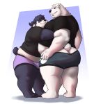  2022 absurd_res anthro bear belly belly_overhang big_belly big_butt black_clothing black_shirt black_topwear blue_eyes butt butt_cleavage clothing duo embrace eye_contact footprint fur giant_panda green_eyes hair hair_bun hi_res hug justshu larger_male looking_at_another male male/male mammal mav_(deadly_kiten) midriff overweight overweight_male pawprint polar_bear shiro_(deadly_kiten) shirt short_tail size_difference smaller_male smile snaggle_tooth standing tail thick_thighs topwear underwear ursine white_body white_fur 
