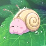  antennae blush_stickers colored_skin commentary_request creature highres kirby kirby_(series) leaf natsuring0 no_humans pink_skin signature snail_shell solo wet 