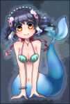  1girl african_penguin_(kemono_friends) bikini black_hair blue_background closed_mouth hair_ornament highres hikarikmy jewelry kemono_friends kemono_friends_v_project long_hair looking_at_viewer mermaid monster_girl navel necklace parody penguin_girl ribbon simple_background solo swimsuit the_little_mermaid virtual_youtuber yellow_eyes 