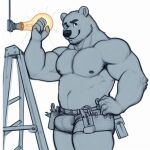  anthro bear bottomwear bulge clothed clothing elweonfurr0 flexing_bicep hi_res hotpants ladder looking_at_viewer male mammal muscular muscular_male nipples partially_clothed pecs shorts smile solo thick_thighs tool_belt 