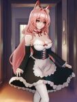  1girl absurd_fox absurdres alternate_costume animal_ears arknights bare_shoulders breasts cleavage hair_between_eyes highres large_breasts light_smile long_hair looking_at_viewer maid pink_eyes pink_hair pozyomka_(arknights) solo wolf_ears wolf_girl 