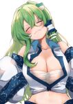  1girl breasts closed_eyes closed_mouth detached_sleeves frog_hair_ornament furrowed_brow green_hair hair_ornament highres kochiya_sanae long_hair long_sleeves navel nontraditional_miko sketch solo touhou uchisaki_himari white_background 