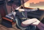  1girl :o black_gloves black_hair blue_archive breasts butterfly_hair_ornament car_interior china_dress chinese_clothes crossed_legs double_bun dragon_print dress feet_out_of_frame gloves grey_eyes grey_jacket hair_bun hair_ornament halo highres jacket kisaki_(blue_archive) legs long_hair looking_at_viewer pelvic_curtain pinstripe_jacket pinstripe_pattern reclining sitting sleeveless sleeveless_dress small_breasts solo striped taktori thighs twintails 