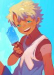  1boy artist_name bishounen blue_background blue_eyes blue_shorts commentary food highres holding holding_food male_focus original popsicle shirt shorts simple_background smile solo sweat symbol-only_commentary teeth tetsu_(teppei) upper_body upper_teeth_only white_hair white_shirt 