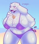  anthro between_breasts big_breasts bikini blush bovid breasts caprine clothed clothing erect_nipples female goat huge_breasts mammal mature_female messy nipples partially_clothed solo sunscreen swimwear thick_thighs toriel undertale_(series) zixzs-redlight 