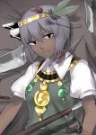  1girl aaaa_(aaaa480) arrow_(projectile) asatsuki_(cookie) black_eyes black_ribbon breasts closed_mouth collared_shirt commentary_request cookie_(touhou) dark-skinned_female dark_skin expressionless feather_hair_ornament feathers gem gold gold_hairband green_gemstone green_vest grey_hair hair_between_eyes hair_ornament hair_ribbon hairband jewelry knife konpaku_youmu long_bangs looking_at_viewer medium_breasts necklace polearm puffy_short_sleeves puffy_sleeves ribbon shirt short_hair short_sleeves solo spear touhou upper_body vest weapon white_shirt 