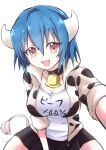  1girl absurdres animal_print bell black_skirt blue_hair blush breasts brown_eyes cleavage cow_girl cow_horns cow_print cow_tail cowbell fang highres horns jacket jashin-chan_dropkick large_breasts looking_at_viewer minos_(jashin-chan_dropkick) neck_bell open_mouth print_jacket shirt short_hair simple_background skirt smile solo tail track_jacket white_background white_shirt yuuki_shushu 