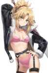  1girl black_jacket blonde_hair bra braid breasts clarent_(fate) collar collarbone commentary contrapposto cowboy_shot fate/apocrypha fate/grand_order fate_(series) french_braid green_eyes highres jacket lace-trimmed_bra lace-trimmed_panties lace_trim long_hair long_sleeves looking_at_viewer mordred_(fate) mordred_(fate/apocrypha) navel open_clothes open_jacket panties parted_bangs pink_bra pink_panties ponytail sidelocks small_breasts smile solo stomach sword thighs tonee underwear weapon 