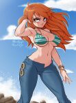  1girl bikini breasts denim highres jeans large_breasts long_hair lord_guyis nami_(one_piece) one_piece orange_eyes orange_hair pants solo swimsuit 