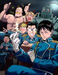  6+boys aiguillette alex_louis_armstrong alphonse_elric amestris_military_uniform anger_vein armor aroused bald black_eyes black_hair blonde_hair blood blue_jacket blue_pants blush blush_stickers braid braided_ponytail closed_mouth collared_jacket commentary double_thumbs_up edward_elric english_commentary facial_hair full_armor fullmetal_alchemist glasses gloves handlebar_mustache highres indoors jacket jean_havoc kain_fuery maes_hughes male_focus military military_jacket military_uniform multiple_boys muscular muscular_male mustache nosebleed opaque_glasses open_mouth outstretched_arm pants patreon_username pointing roy_mustang short_hair sitting smile snapping_fingers snegovski solid_circle_eyes sparkle spiked_hair stubble sweatdrop thumbs_up topless_male uniform wavy_mouth white_gloves 