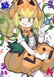  1girl absurdres blonde_hair bow bowtie gloves green_eyes halloween_costume highres jack-o&#039;-lantern_(kemono_friends) kanmoku-san kemono_friends long_hair looking_at_viewer pumpkin_costume pumpkin_hat pumpkin_pants shirt shorts simple_background sleeveless sleeveless_shirt smile solo teeth vest 