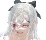 1girl black_bow blood blood_from_mouth blood_on_flower bow drag-on_dragoon drag-on_dragoon_3 flower flower_over_eye hair_bow licking_lips one_eye_covered portrait red_eyes solo tongue tongue_out white_hair zemzk zero_(drag-on_dragoon) 