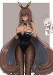  2girls 777_(nikke) absurdres animal_ears ascot black_ascot black_bow black_bowtie black_leotard black_nails blanc_(nikke) blush bow bowtie breasts brown_hair covering covering_breasts dark-skinned_female dark_skin detached_collar fake_animal_ears fishnet_pantyhose fishnets gauchi goddess_of_victory:_nikke highres large_breasts leotard long_hair multiple_girls noir_(nikke) pantyhose playboy_bunny rabbit_ears siblings sisters strapless strapless_leotard very_long_hair wardrobe_malfunction white_hair white_leotard wrist_cuffs 