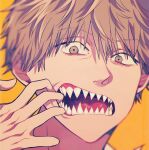  1boy blurry brown_eyes chainsaw_man close-up commentary_request denji_(chainsaw_man) depth_of_field highres light_brown_hair llq9ull male_focus mouth_pull open_mouth orange_background portrait sharp_teeth solo teeth tongue 