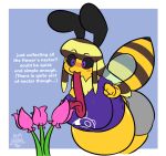  antennae_(anatomy) anthro arthropod arthropod_abdomen bee belly belly_expansion belly_inflation bent_over bie_(beefuccer) big_belly big_breasts big_butt black_sclera blush bottomwear breasts brown_hair butt clothed clothing dialogue expansion female flower foamytail fur glistening glistening_belly hair hi_res huge_breasts huge_butt huge_thighs hymenopteran hyper hyper_belly hyper_breasts inflation insect liquid_inflation long_tongue multicolored_hair neck_tuft pink_flower plant purple_eyes shirt simple_background smile solo striped_hair text thick_thighs tongue topwear tuft wide_hips wings yellow_body 