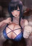  1girl absurdres black_hair blue_bra blue_eyes blue_hair bra breasts cum cum_in_container cum_in_cup cup highres holding holding_cup indoors large_breasts long_hair looking_at_viewer open_mouth original shaddoll_fusion solo tongue tongue_out underwear 