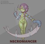  absurd_res areola braided_hair breasts brown_eyes critterstew eyelashes female goblin green_body green_skin grey_background hair hi_res humanoid humanoid_pointy_ears magic_user melee_weapon navel necromancer nipples nude pink_areola pink_nipples pink_sclera polearm purple_hair scythe simple_background small_breasts solo text thick_thighs translucent translucent_body visible_bone weapon wide_hips 