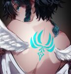  1boy androgynous angel_wings aqua_hair back_tattoo backless_outfit black_hair braid ensemble_stars! facing_away feathered_wings fugusashi_(fgss2089) highres looking_back low_twin_braids male_focus multicolored_hair shirt shirt_partially_removed solo tattoo twin_braids venti_(archon)_(genshin_impact) venti_(genshin_impact) white_shirt white_wings wings 