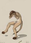 anthro anthro_to_feral brown_body brown_fur brown_hair eleode eyes_closed feral fur hair headache herpestid holding_head male mammal meerkat nude pencil_(object) simple_background solo transformation 