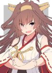  1girl absurdres ahoge artist_name bare_shoulders border breasts brown_hair commentary commentary_request crossed_arms detached_sleeves eyes_visible_through_hair fang hairband headgear highres japanese_clothes kantai_collection kimono kongou_(kancolle) large_breasts long_hair looking_at_viewer nontraditional_miko outside_border purple_eyes ribbon-trimmed_sleeves ribbon_trim sakakiba_misogi skin_fang solo v-shaped_eyebrows white_border white_kimono wide_sleeves 