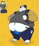  4_toes 5_fingers abs anthro belly big_belly big_cheeks black_ears black_spots blue_bottomwear blue_clothing blue_eyes blue_pants blue_underwear blush bodily_fluids bottomwear bulge canid canine canis clothed clothing dalmatian domestic_dog english_text feet fingers fur grey_clothing grey_shirt grey_topwear hand_on_stomach huge_belly inside jacket letterman_jacket looking_down_at_self male mammal muscular muscular_anthro muscular_male navel obese obese_anthro obese_male open_bottomwear open_clothing open_pants overweight overweight_anthro overweight_male pants pecs rico_(rezznov) shirt simple_background solo spots standing sweat sweatdrop tcw teeth text toes topwear torn_bottomwear torn_clothing torn_jacket torn_pants underwear white_body white_fur yellow_background 