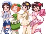  4girls akagi_miria amulet_clover amulet_clover_(cosplay) amulet_dia amulet_dia_(cosplay) amulet_heart amulet_heart_(cosplay) amulet_spade amulet_spade_(cosplay) black_eyes black_hair blue_headwear blue_shirt blue_shorts blush brown_eyes brown_hair clenched_hands closed_eyes clover_hair_ornament cosplay diamond_hair_ornament dot_nose dress flat_chest frilled_shirt frilled_sleeves frills garter_straps green_dress green_ribbon hair_ornament hairband hands_on_another&#039;s_shoulders hands_up hat heart heart_hair_ornament highres holding holding_pom_poms idolmaster idolmaster_cinderella_girls idolmaster_cinderella_girls_u149 long_sleeves looking_at_viewer maid_headdress miniskirt multiple_girls navel one_eye_closed open_mouth orange_hair pink_shirt pink_skirt pom_pom_(cheerleading) puffy_short_sleeves puffy_sleeves ribbon ryuzaki_kaoru sasaki_chie shirt short_hair short_sleeves short_twintails shorts shugo_chara! sidelocks sinjin_46 skirt smile spade_hair_ornament stomach striped striped_thighhighs tachibana_arisu tank_top thighhighs twintails visor_cap white_background white_dress white_hairband white_thighhighs 
