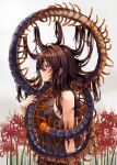  159cm 1girl arthropod_girl breasts brown_hair brown_shirt bug centipede centipede_girl flower hair_between_eyes highres mole mole_under_eye profile shirt sleeveless small_breasts spider_lily standing upper_body white_background 