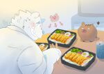 angry another_eidos_of_dragon_vein_r anthro bento blush chopsticks duo eating feral food fur grin male mammal meat patty_(anothereidos_r) pork smile suid suina sus_(pig) takataka white_body white_fur wild_boar yeti 