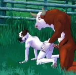  2023 all_fours american_bulldog anthro anthro_on_anthro anus backsack balls bovid bovine brown_body brown_fur bulldog canid canine canis cattle digital_drawing_(artwork) digital_media_(artwork) domestic_dog duo erection fence fenderr fur genitals grass hereford_cattle hi_res horn imminent_sex kneeling looking_back male male/male mammal mastiff molosser multicolored_body multicolored_fur on_grass penis plant two_tone_body two_tone_fur white_body white_fur 