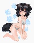  1girl animal_ears bertochka black_eyes black_hair blue_flower borrowed_character breasts cat_ears cat_girl cat_tail chest_sarashi flower highres kneeling long_hair looking_at_viewer lucia_(scott_malin) medium_breasts naked_sarashi navel original sarashi smile solo tail 