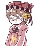  1boy :/ @_@ black_necktie brown_hair collared_shirt commentary_request core e.g.o_(project_moon) employee_(lobotomy_corporation) frilled_hat frills glasses grey_eyes hat hat_bell hat_ribbon hatake_shimeji hood hood_down hooded_jacket jacket lobotomy_corporation long_sleeves lowres male_focus necktie open_clothes open_jacket pink_jacket pink_vest project_moon red_ribbon ribbon shirt short_hair simple_background slime_(substance) solo upper_body vest white_background white_shirt 