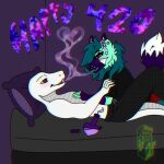  1:1 2023 420_(number) absurd_res andromeda_(aad) anthro arcadeafterdark bed bong canid canine canis clothing colored cuddling digital_media_(artwork) drugs duo female fur furniture hair hi_res lying lying_on_bed male male/female mammal maned_wolf marijuana mega_(aad) on_back on_bed on_front oversized_shirt pajamas panties pantsless_female reptile scalie shirtless_male simple_background smoke_from_mouth smoking smoking_weed snake teeth text underwear viper 