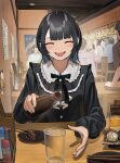  :d absurdres black_bow black_bowtie black_hair blunt_bangs blush bottle bow bowtie chopsticks closed_eyes collar cup douryou_(buta5813) drinking_glass food frilled_collar frills highres holding holding_bottle indoors izakaya long_sleeves medium_hair original pov_across_table restaurant smile solo_focus tetto_(onnoveltet) 