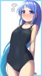  1girl black_one-piece_swimsuit blue_border blue_eyes blue_hair border competition_swimsuit embarrassed flat_chest gradient_hair highres kantai_collection long_hair looking_at_viewer multicolored_hair narashika_asuka one-piece_swimsuit samidare_(kancolle) solo swept_bangs swimsuit very_long_hair white_background 
