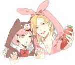  1boy 1girl :d :o animal_hood bear_hood blonde_hair bob_cut bow bowtie brown_eyes carrot claw_pose collared_shirt cropped_shoulders food hand_on_another&#039;s_shoulder hands_up heads_together holding holding_food hood hood_up looking_at_viewer open_mouth parted_bangs pink_hair prin_dog protagonist_(tokimemo_gs3) rabbit_hood red_bow red_bowtie sakurai_ruka shirt short_hair side-by-side simple_background smile tokimeki_memorial tokimeki_memorial_girl&#039;s_side_3rd_story v-neck white_background 