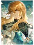  1boy black_shirt blonde_hair blurry blurry_background border brooch closed_mouth coat expressionless flower green_eyes guzangnanfeng hair_between_eyes highres honkai:_star_rail honkai_(series) jewelry light_particles long_hair long_sleeves looking_to_the_side luocha_(honkai:_star_rail) male_focus shirt solo sweater_vest upper_body white_border white_coat white_flower 