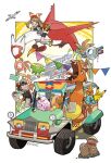  1boy 1girl berry_(pokemon) bike_shorts bike_shorts_under_shorts black_shirt border bow_hairband brown_hair car charizard claws commentary dugtrio english_commentary hairband hand_up hat holding holding_poke_ball jacket jigglypuff latias looking_down magnemite motor_vehicle open_clothes open_jacket pikachu poke_ball poke_ball_(basic) pokemon pokemon_(creature) pokemon_(game) pokemon_oras pokemon_rgby red_(pokemon) red_headwear rica_diaz riding riding_pokemon road_sign shirt shoes shorts sign signature skiploom squirtle stop_sign torchic white_border white_shorts wingull yellow_footwear 
