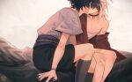  2boys alternate_costume bandaid bandaid_on_arm belt black_choker black_hair black_shorts black_socks blanket chest_sarashi choker genshin_impact grey_shirt highres jacket jacket_partially_removed kaedehara_kazuha kiss low_ponytail male_focus multiple_boys nekojinnyart on_bed pillow purple_belt red_jacket sarashi scaramouche_(genshin_impact) shirt shorts sitting socks white_background yaoi 