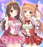  2girls :d arm_guards armpits belt blush bow bowtie breasts brown_belt brown_eyes brown_hair cape chest_armor closed_mouth cowboy_shot detached_sleeves dot_nose dress frilled_skirt frills gloves hair_between_eyes hair_bow hair_ornament hand_up heart highres idolmaster idolmaster_cinderella_girls idolmaster_cinderella_girls_starlight_stage large_breasts long_hair looking_at_viewer medium_breasts multicolored_background multiple_girls nozomi_(princess_connect!) one_eye_closed open_hand open_mouth pink_bow pink_bowtie pink_dress plaid plaid_bow plaid_bowtie plaid_skirt pleated_skirt princess_connect! red_bow red_bowtie red_cape red_dress shimamura_uzuki skirt sleeveless sleeveless_dress smile standing star_(symbol) star_hair_ornament sword tiara tomato_(kiiroitomato33) two_side_up w weapon white_gloves white_sleeves 