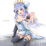  1girl :d alternate_breast_size bare_shoulders blue_eyes blue_hair breasts cleavage detached_sleeves dragalia_lost dress flower hair_flower hair_ornament highres lily_(granblue_fantasy) looking_at_viewer open_mouth outstretched_hand po_pooch pointy_ears short_dress sitting smile solo strapless strapless_dress thighhighs tiara twitter_username white_background white_dress 