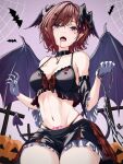  1girl absurdres bare_shoulders bat_wings breasts brown_hair choker cleavage commentary endo_yohane gloves hair_ornament hairclip hairpin halloween_costume highres higuchi_madoka idolmaster idolmaster_shiny_colors looking_at_viewer miniskirt mole mole_under_eye navel pubic_tattoo purple_eyes short_hair skirt solo tattoo wings 