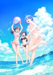  3girls absurdres adjusting_hair ahoge akitsuki_fuuka arm_up armpits ass back ball barefoot beachball bikini black_bikini blue_eyes blue_hair breasts brown_eyes brown_hair cleavage closed_mouth day feet feet_out_of_frame frilled_skirt frills front-tie_bikini_top front-tie_top fuuka halterneck hands_up high_ponytail highres holding holding_ball horizon iwami_sara koyuki_hinashi large_breasts long_hair looking_at_viewer looking_back medium_breasts multiple_girls o-ring o-ring_bikini ocean open_mouth partially_submerged pink_bikini seo_kouji side-tie_bikini_bottom skirt sky splashing standing standing_on_one_leg swimsuit teeth thigh_gap thighs upper_teeth_only white_bikini 