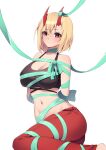  1girl barefoot black_tank_top blonde_hair blush breasts closed_mouth crop_top feet green_ribbon hair_between_eyes highres horns large_breasts midriff original pants red_eyes red_horns red_pants ribbon short_hair solo stomach tank_top toes ugwa white_background 
