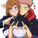  ! !! 1boy 1girl blush breasts brown_eyes brown_hair grabbing grabbing_another&#039;s_breast grabbing_from_behind heart heart-shaped_boob_challenge heart_hands_failure hood hoodie itadori_yuuji jujutsu_kaisen kugisaki_nobara large_breasts mark_gavatino medium_hair school_uniform simple_background 