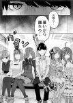  1boy 5girls absurdres blush breasts eye_focus go-toubun_no_hanayome greyscale highres large_breasts monochrome multiple_girls nakano_ichika nakano_itsuki nakano_miku nakano_nino nakano_yotsuba shoulder-to-shoulder sitting sound_effects speech_bubble sweat train_interior uesugi_fuutarou yongo_(artist) 