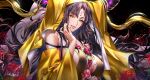  1girl bare_shoulders black_hair black_horns black_nails breasts dark_background demon demon_girl demon_horns detached_sleeves dress facial_mark fate/grand_order fate_(series) floating_hair flower forehead_mark hand_on_own_cheek hand_on_own_face hand_on_own_stomach highres horn_ornament horn_ring horns huge_horns large_breasts long_hair long_sleeves looking_at_viewer parted_bangs parted_lips revealing_clothes sesshouin_kiara sesshouin_kiara_(beast_iii/r) sideboob sidelocks solo spider_lily tassel tenobe third_eye two-tone_dress veil very_long_hair wide_sleeves yellow_dress yellow_eyes 