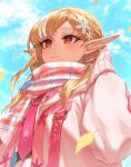  1girl blonde_hair ckhd coat flower hair_flower hair_ornament highres hololive long_hair looking_up orange_eyes pink_coat pink_scarf plaid plaid_scarf pointy_ears scarf shiranui_flare shiranui_flare_(4th_costume) smile virtual_youtuber wind 