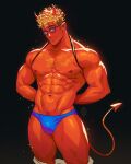  1boy abs arms_behind_back artist_name bara blonde_hair blue_eyes blue_male_underwear brown_pants closed_mouth clothes_lift clothes_pull colored_skin demon_boy demon_horns demon_tail glasses highres horns large_pectorals looking_at_viewer male_focus male_underwear muscular muscular_male navel nipples original pants pants_pull pectorals red_skin shirt_behind_neck shirt_lift short_hair smile solo tail thick_thighs thighs underwear xelgot 