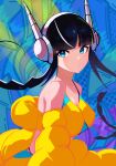 1girl abstract_background black_hair blue_eyes breasts cleavage elesa_(pokemon) headphones highres looking_at_viewer parted_lips pokemon pokemon_(game) pokemon_bw2 seerdraws short_hair_with_long_locks sketch solo upper_body 